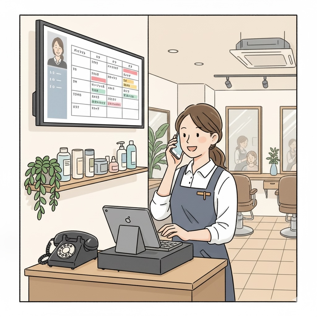 美容院で電話対応するスタッフのイラスト