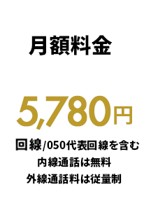 月額料金 5,780円 回線03/050代表回線を含む
内線通話は無料
外線通話料は従量制